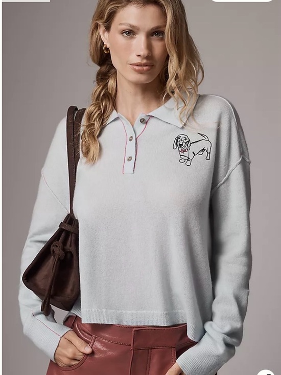 Pilcro Sweaters - Pilcro Sky Blue Cashmere Polo Sweater with Dog Motif